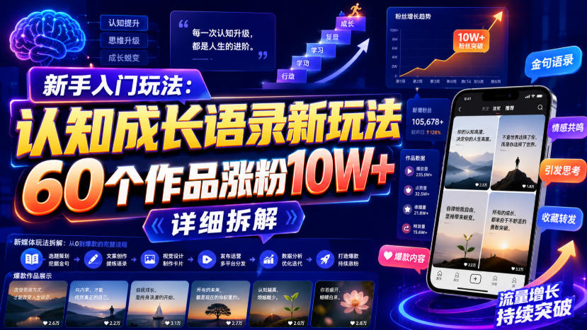新手入门玩法：认知成长语录新玩法，60个作品涨粉10W+，详细拆解-智云网