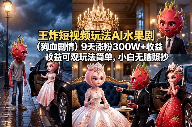王炸短视频玩法AI水果剧(狗血剧情)9天涨粉300W+收益可观玩法简单,小白无脑照抄,详细拆解玩法-智云网