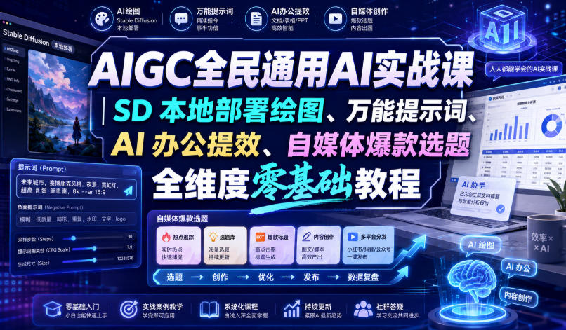 AIGC全民通用AI实战课｜SD本地部署绘图、万能提示词、AI办公提效、自媒体爆款选题全维度零基础教程-智云网
