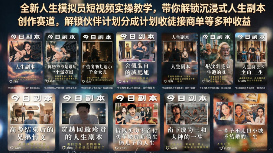 全新人生模拟员短视频实操教学，带你解锁沉浸式人生副本创作赛道，解锁伙伴计划分成计划收徒接商单等多种收益-智云网