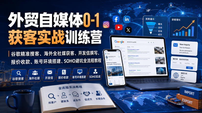 外贸自媒体0-1获客实战训练营｜谷歌精准搜客、海外全社媒获客、开发信撰写、报价收款、账号环境搭建、SOHO避坑全流程教程-智云网