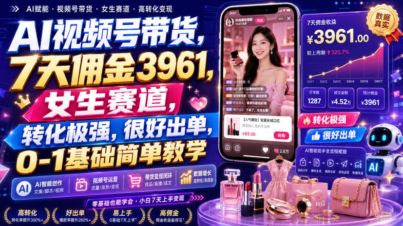 AI视频号带货,7天佣金3961,女生赛道,转化极强,很好出单,0-1基础简单教学-智云网