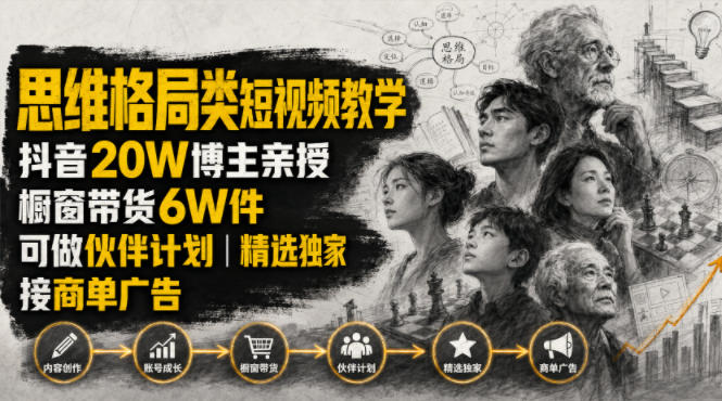 人性思维格局类短视频教学,抖音20W博主亲授,橱窗带货6W件,可做伙伴计划、精选独家、接商单广告-智云网