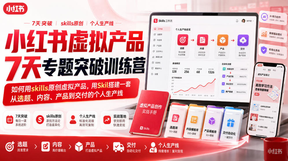 小红书虚拟产品7天专题突破训练营，如何用skills原创虚拟产品，用Skil搭建一套从选题、内容、产品到交付的个人生产线-智云网