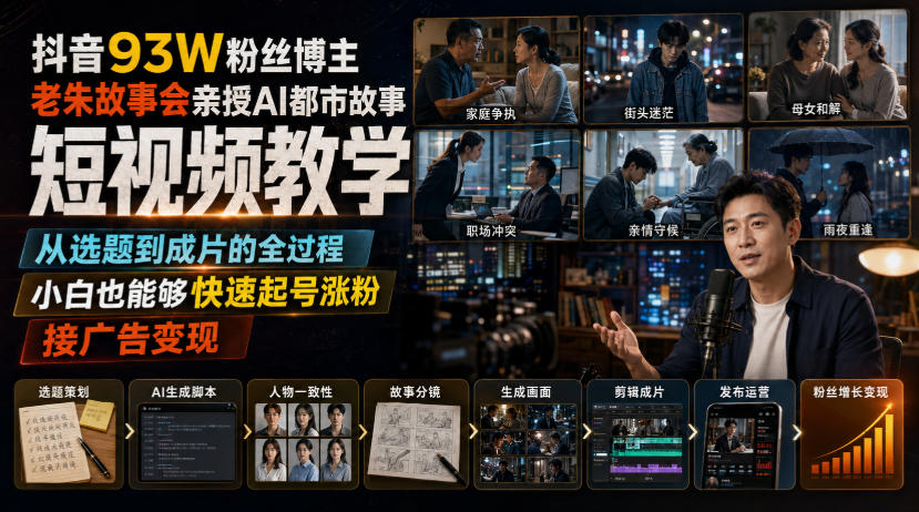 抖音93W粉丝博主老朱故事会亲授AI都市故事短视频教学，从选题到成片的全过程，小白也能够快速起号涨粉接广告变现-智云网