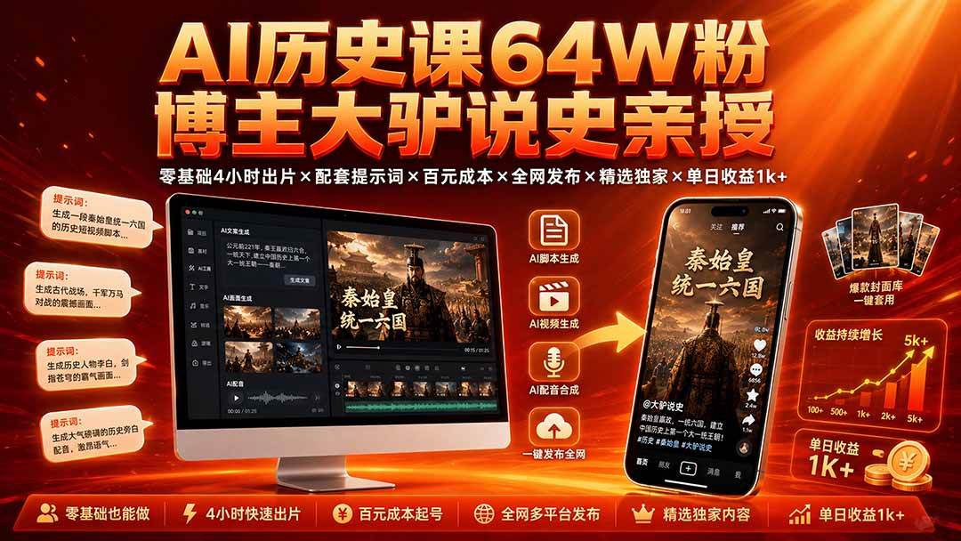 (19557期)AI历史课64W粉博主大驴说史亲授:零基础4小时出片×配套提示词×百元成本×全网发布×精选独家×单日收益1k+ (19557期)AI历史课64W粉博主大驴说史亲授:零基础4小时出片×配套提示词×百元成本×全网发布×精选独家×单日收益1k+