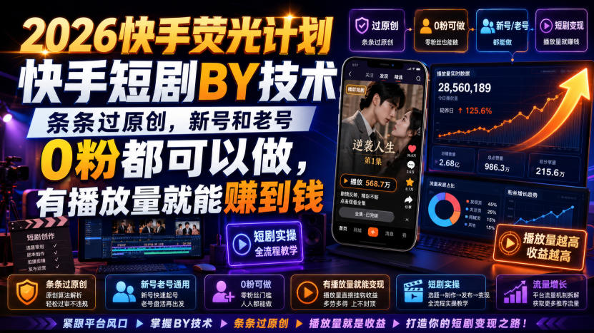 2026快手荧光计划，快手短剧搬运技术，条条过原创，新号和老号0粉都可以做，有播放量就能賺到钱-智云网