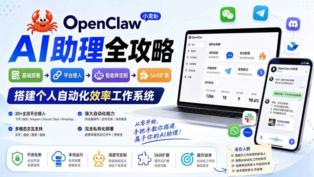 (19889期)OpenClaw小龙虾 AI助理全攻略:基础部署→平台接入→智能体定制→Skill扩展,搭建个人自动化效率工作系统-智云网