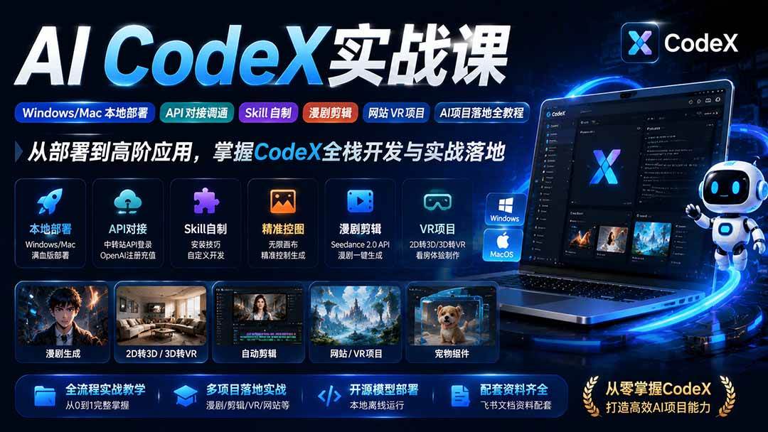 （19769期）AI CodeX实战课｜Windows/Mac 本地部署｜API 对接调通｜Skill 自制｜漫剧剪辑｜网站 VR 项目｜AI项目落地全教程-智云网