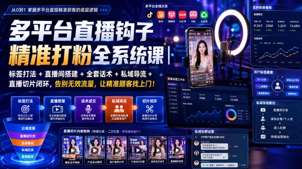 多平台直播钩子精准打粉全系统课|标签打法+直播间搭建+全套话术+私域导流+直播切片闭环,告别无效流量,让精准顾客找上门!-智云网