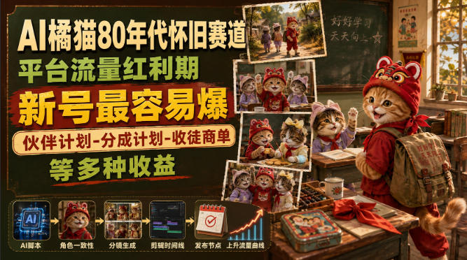 AI橘猫80年代怀旧赛道,平台流量红利期,新号最容易爆,伙伴计划-分成计划-收徒商单等多种收益-智云网
