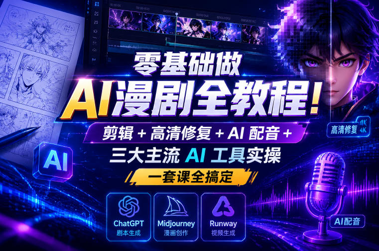 零基础做AI漫剧全教程！剪辑+高清修复+AI配音+三大主流AI工具实操，一套课全搞定-智云网