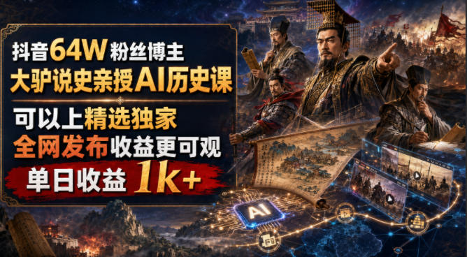 抖音64W粉丝博主大驴说史亲授AI历史课，可以上精选独家，全网发布收益更可观，单日收益1k+-智云网