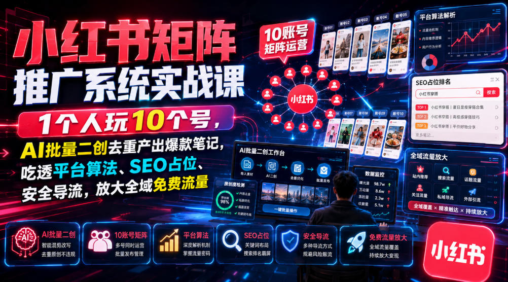 小红书矩阵推广系统实战课｜1个人玩10个号，AI批量二创去重产出爆款笔记，吃透平台算法、SEO占位、安全导流，放大全域免费流量-智云网