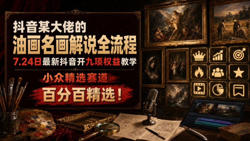 抖音某大佬的油画名画解说全流程,7.24日最新抖音开九项权益教学,小众精选赛道,百分百精选!-智云网
