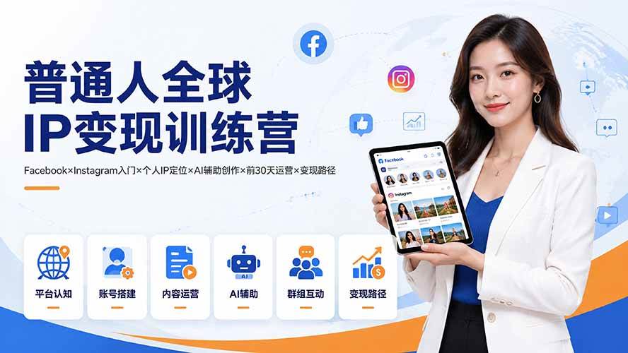 （19568期）普通人全球IP变现训练营：Facebook×Instagram入门×个人IP定位×AI辅助创作×前30天运营×变现路径-智云网