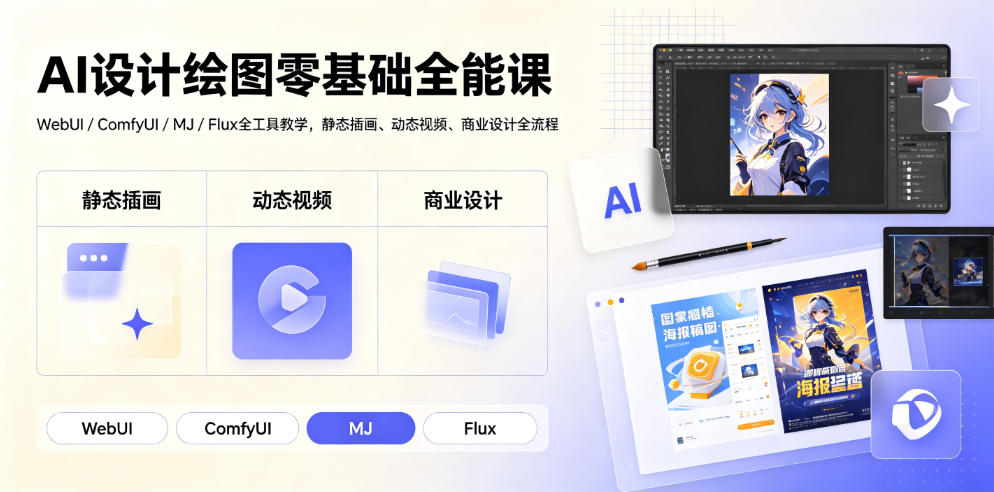AI设计绘图零基础全能课|WebUI/ComfyUI/MJ/Flux全工具教学,静态插画、动态视频、商业设计全流程-智云网
