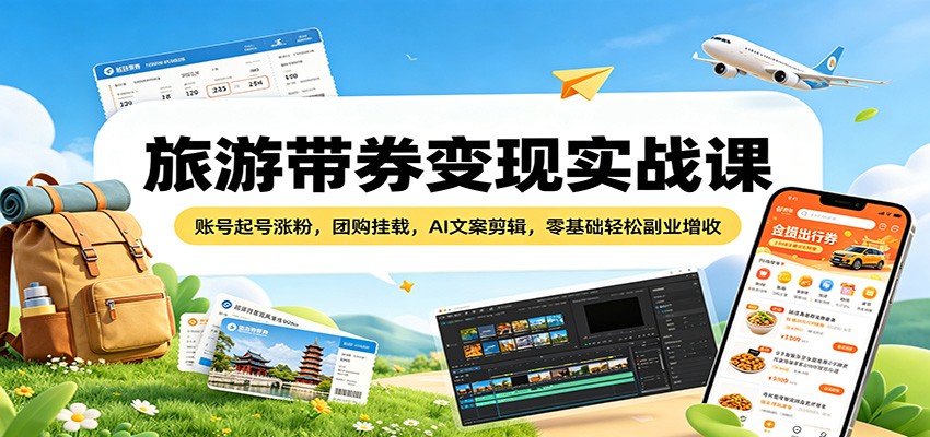 旅游带券变现实战课：账号起号涨粉，团购挂载，AI文案剪辑，零基础轻松副业增收-智云网