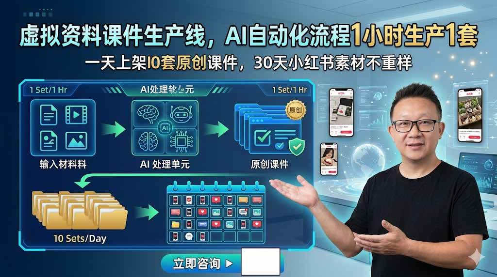 （19091期）虚拟资料课件生产线，AI自动化流程1小时生产1套，一天上架10套原创课件，30天小红书素材不重样-智云网