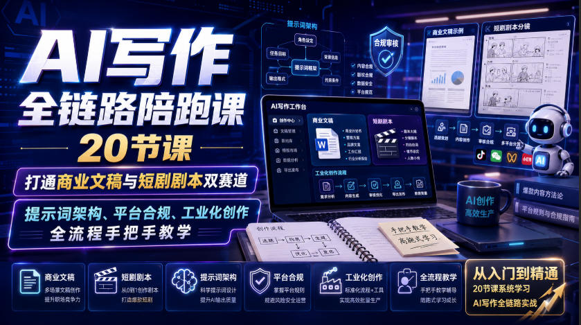 AI写作全链路陪跑课|20节课打通商业文稿与短剧剧本双赛道,提示词架构、平台合规、工业化创作全流程手把手教学-智云网
