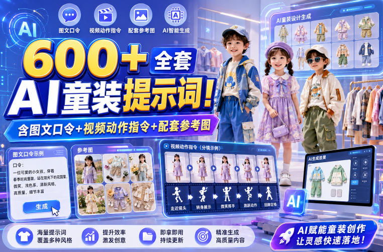 600+全套AI童装提示词!含图文口令+视频动作指令+配套参考图,Word-Excel规整分类,童装电商、种草无脑量产内容!-智云网