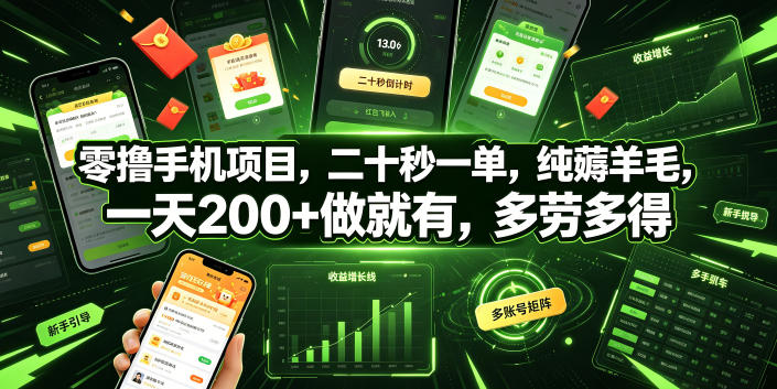 零撸手机项目，二十秒一单，纯薅羊毛，一天200+做就有，多劳多得【揭秘】-智云网