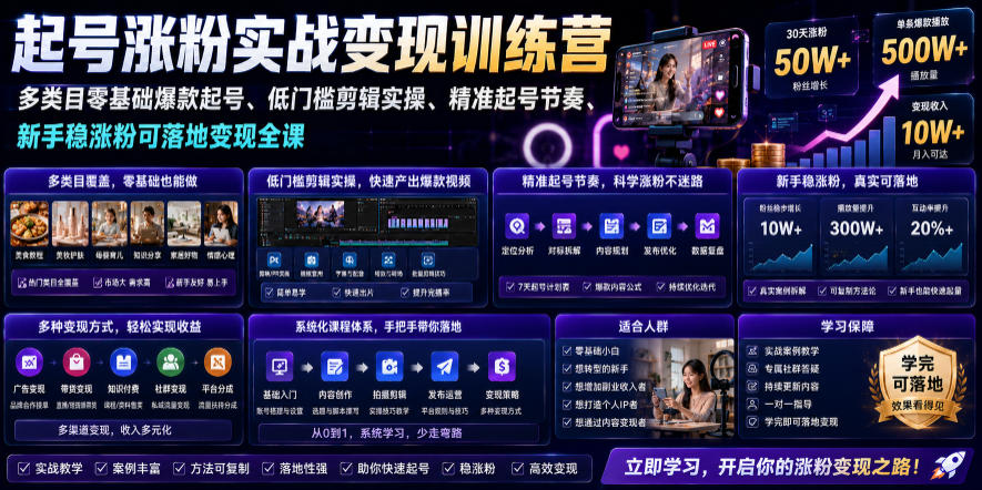 苗子起号涨粉实战变现训练营,多类目零基础爆款起号、精准起号节奏、新手稳涨粉可落地变现全课-智云网