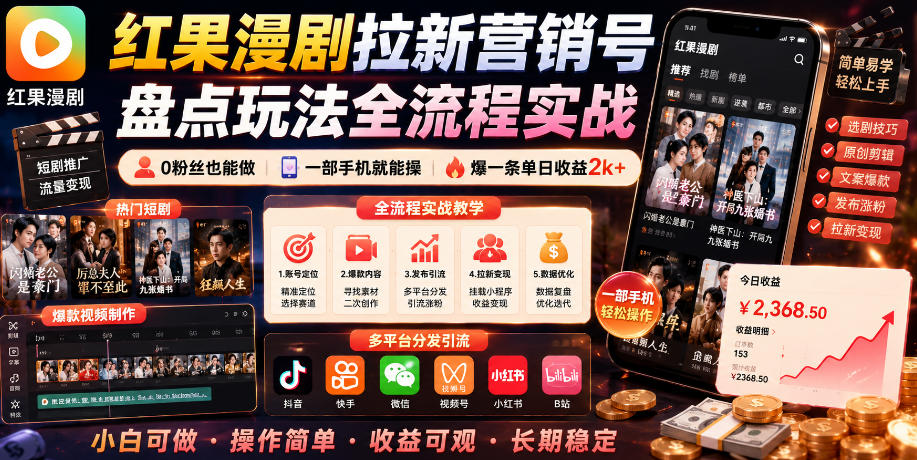 红果漫剧拉新营销号盘点玩法全流程实战，0粉丝也能做，一部手机就能做，爆一条单日收益2k+（更新0628）-智云网