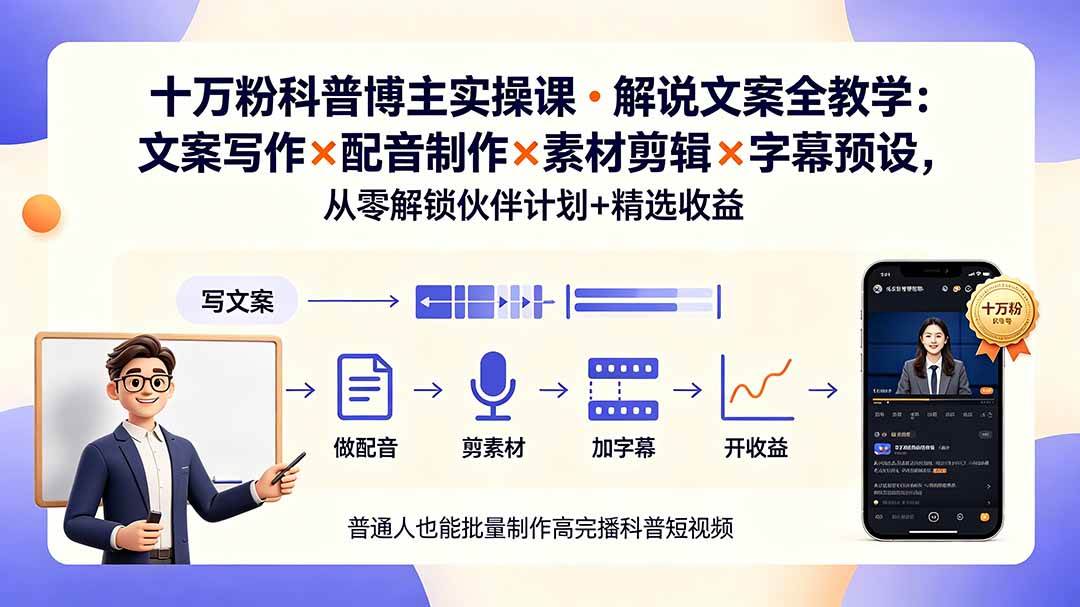 (19275期)10万粉科普博主实操课-解说文案全教学:文案写作×配音制作×素材剪辑×字幕预设,从零解锁伙伴计划+精选收益-智云网