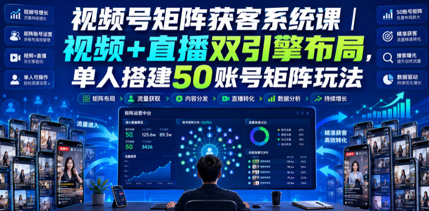 视频号矩阵获客系统课｜视频+直播双引擎布局，单人搭建50账号矩阵玩法，流量入池、搜索占位、全域引流沉淀私域全流程教学-智云网
