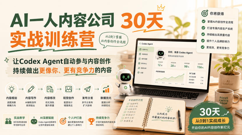 AI一人内容公司30天实战训练营，让Codex Agent自动参与内容创作持续做出更像你、更有竞争力的内容-智云网