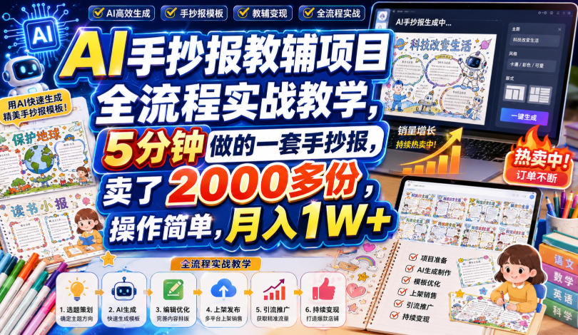 AI手抄报教辅项目全流程实战教学，5分钟做的一套手抄报，卖了2000多份，操作简单，月入1W+-智云网