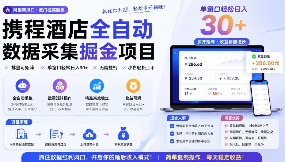 携程酒店采集挂G项目，批量可矩阵，单机轻松日入300+，开启你的睡后收入模式!【揭秘】-智云网