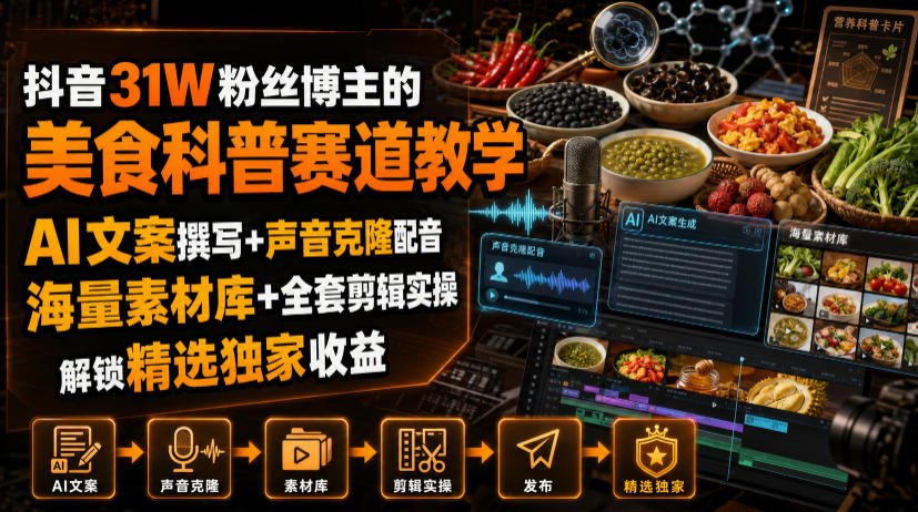抖音31W粉丝博主的美食科普赛道教学，AI文案撰写+声音克隆配音+剪辑实操，解锁精选独家收益-智云网