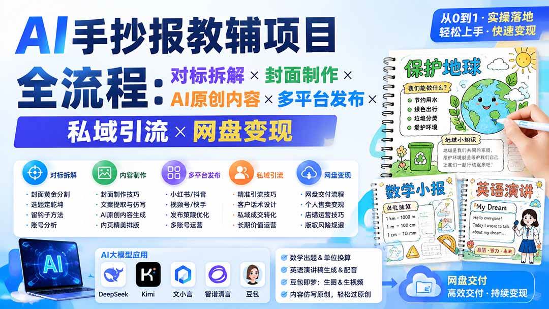 （19785期）AI手抄报教辅项目全流程：对标拆解×封面制作×AI原创内容×多平台发布×私域引流×网盘变现-智云网