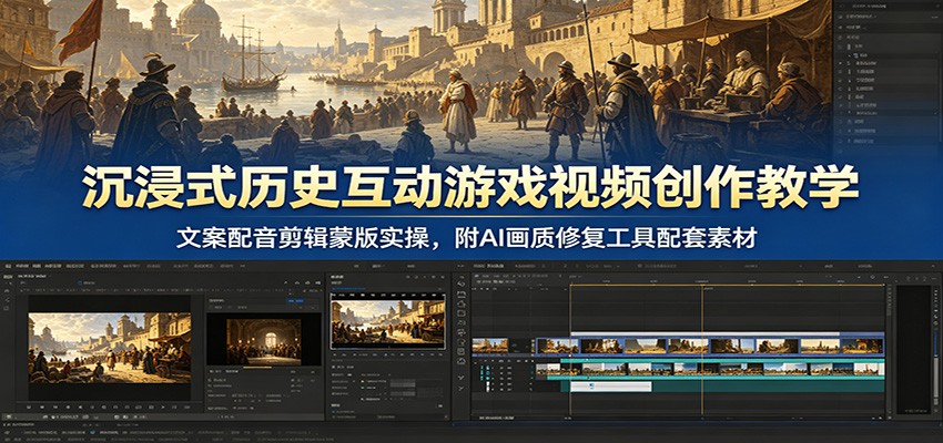 沉浸式历史互动游戏视频创作教学：文案配音剪辑蒙版实操，附AI画质修复工具配套素材-智云网