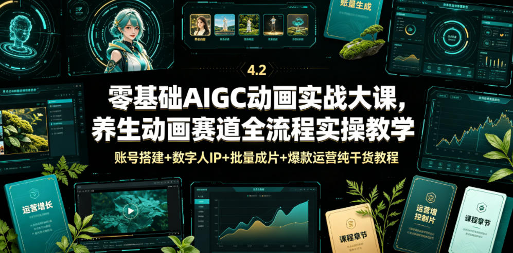 零基础AIGC动画实战大课，养生动画赛道全流程实操教学，账号搭建+数字人IP+批量成片+爆款运营纯干货教程-智云网