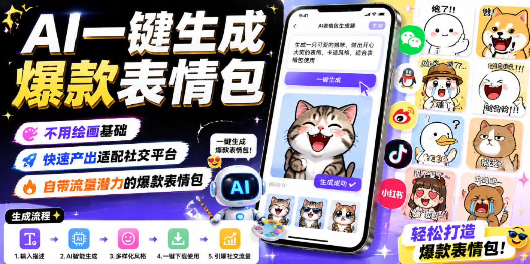 AI一键生成爆款表情包，不用绘画基础，快速产出适配社交平台，自带流量潜力的爆款表情包-智云网