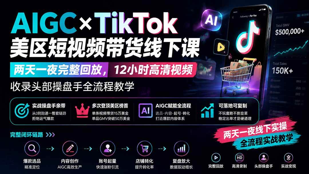 （19778期）AIGC×TikTok美区短视频带货线下课；两天一夜完整回放，12小时高清视频收录头部操盘手全流程教学-智云网
