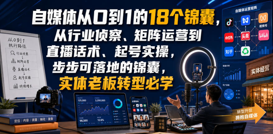 自媒体从0到1的18个锦囊，从行业侦察、矩阵运营到直播话术、起号实操，步步可落地的锦囊，实体老板转型必学-智云网