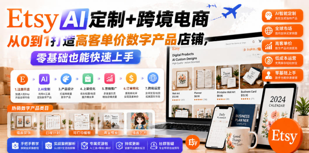Etsy AI定制+跨境电商，从0到1打造高客单价数字产品店铺，零基础也能快速上手-智云网