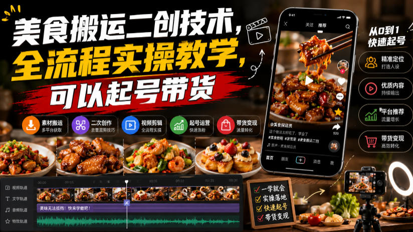 美食搬运二创技术,全流程实操教学,可以起号带货-智云网