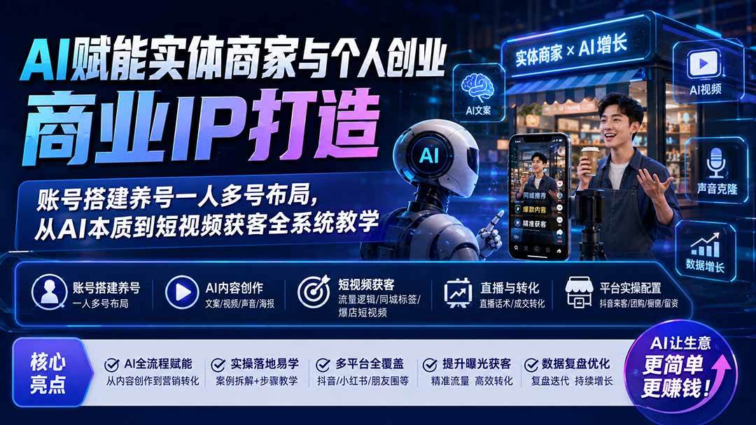 (19852期)AI赋能实体商家与个人创业商业IP打造;账号搭建养号一人多号布局,从AI本质到短视频获客全系统教学-智云网