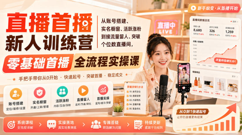直播首播新人训练营｜从账号搭建、实名橱窗、活跃涨粉到接流量留人、突破个位数直播间，零基础首播全流程实操课-智云网