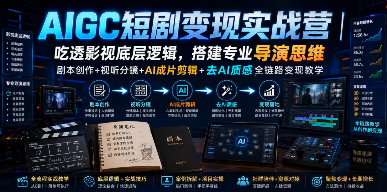 AIGC短剧变现实战营｜吃透影视底层逻辑，搭建专业导演思维，剧本创作+视听分镜+AI成片剪辑+去AI质感全链路变现教学-智云网