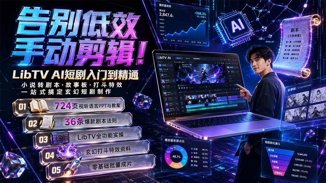 （19678期）告别低效手动剪辑！LibTV AI短剧入门到精通，小说转剧本方法，故事板打斗特效一站式搞定玄幻短剧制作-智云网