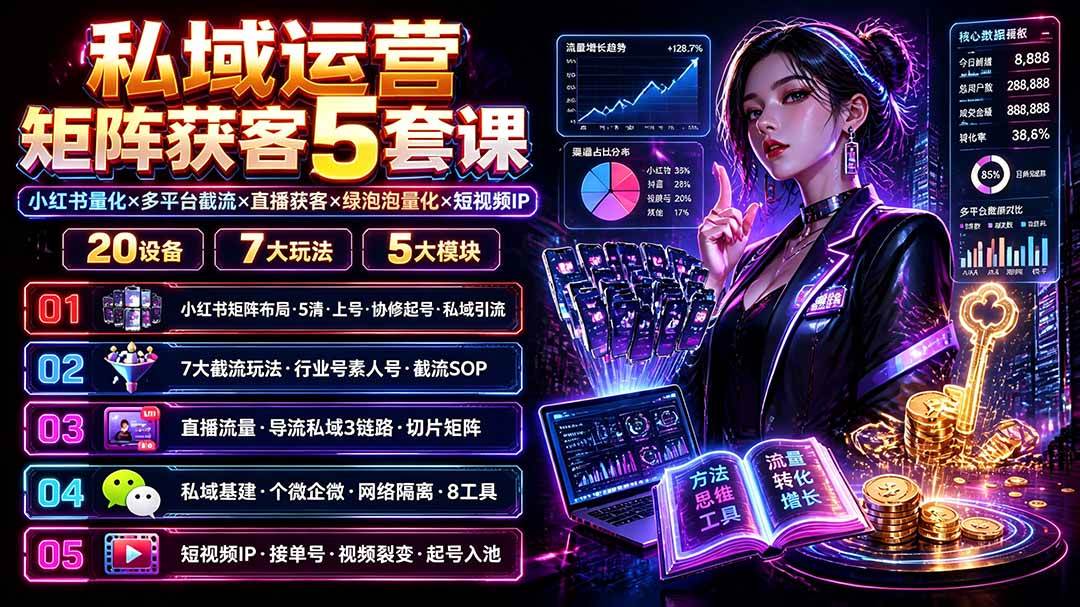 (19617期)私域运营矩阵获客5套课:小红书量化×多平台截流×直播获客×绿泡泡量化×短视频IP×20设备×7大玩法 (19617期)私域运营矩阵获客5套课:小红书量化×多平台截流×直播获客×绿泡泡量化×短视频IP×20设备×7大玩法