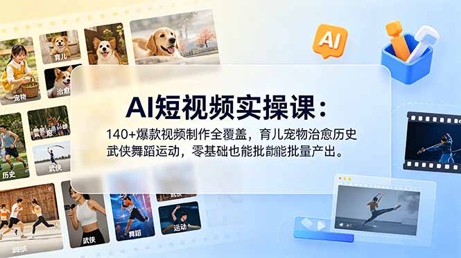 AI短视频实操课:140+爆款视频制作全覆盖,育儿宠物治愈历史武侠舞蹈运动,零基础也能批量产出-智云网