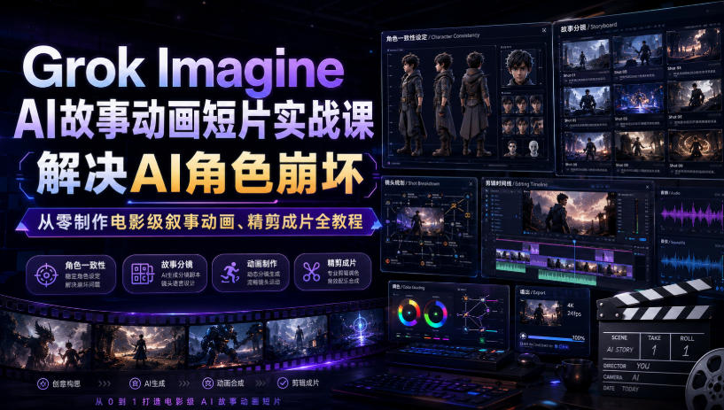 Grok Imagine AI故事动画短片实战课|解决AI角色崩坏,从零制作电影级叙事动画、精剪成片全教程(中英字幕)-智云网