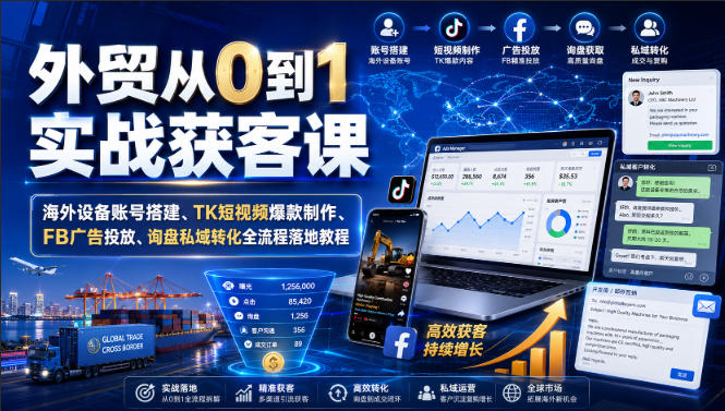外贸从0到1实战获客课|海外设备账号搭建、TK短视频爆款制作、FB广告投放、询盘私域转化全流程落地教程-智云网